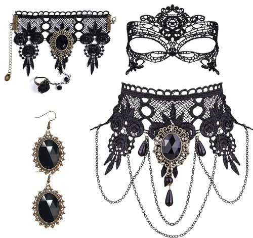 GAROMIA Gothic Schmuckset Gotisch Halskette Choker Schwarz Steampunk Halskette Halsband Hexenhut Damen Ketten Vampir Kostüm Steampunk Accessoires Retro Spitze für Halloween Cosplay