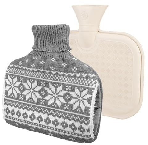 angelikashalala Wärmflasche mit Bezug 1L Wärmflasche Abnehmbare und waschbare Strickbezug für Wärmflasche Hot Water Bottle Geschenk für Erwachsene & Kinder(Grau)