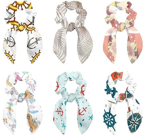 6 Pcs Hair Scrunchies -Light Brown Palm Leaves Hair Scarf Scrunchy with Ribbon Bow, Elastic Hair Ties Ponytail Holders for Women Teenage Girls