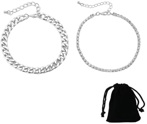 2 Pcs Tobillera de Acero Inoxidable de Las Mujeres, Cubana Doble Capa de Cristal Ajustable para Playa Piscina Calle para Pies para Mujeres y Niñas