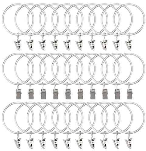 Modixun 30 paket gardinringar med klämmor, 5 cm i diameter, mycket starka metallgardinkrokar för upphängning av gardiner, draperier, duschdraperier (silver)