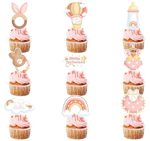 36 Pcs Décoration Gateau Baby Showe, Girl Révélateurs Genre Cake Cupcake Topper, Décorations Fête de Révélateurs Genre, pour Fête Prénatale Baptême, Anniversaire Fête, Décoration de Dessert