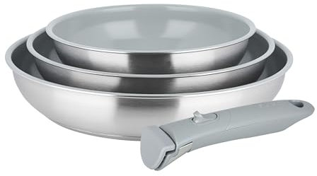 Sitram 716941 - Set di 3 padelle in acciaio inossidabile, gamma ARPEGE, Ø 20,24,28 cm, rivestimento antiaderente in ceramica effetto pietra, manico rimovibile - tutti i fuochi, inclusa l'induzione