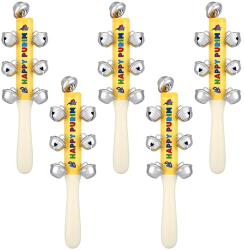 Gemscream 5 Pieces Happy Purim Wood Gragger with Bells 8 H Colorful Purim Gragger Noise Makers Party Favors Holiday Noisemakers Jewish Groggers for Celebration Goodie Bag Fillers Gifts