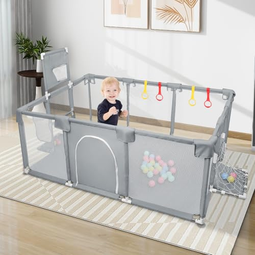 Parque infantil de tela Oxford, parque de juegos para bebés, cerca de bebe, pequeño parque infantil para el apartamento con puerta con cremallera (B-180 x 120 x 66 cm), color gris oscuro