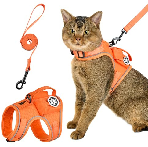 OneTigris Kattsele med koppel, CATRIX kattkoppel med sele som går sönder med reflektorremsor, kontrollhandtag och GPS-väska, lätt husdjurssele för katter (orange, XXXS)