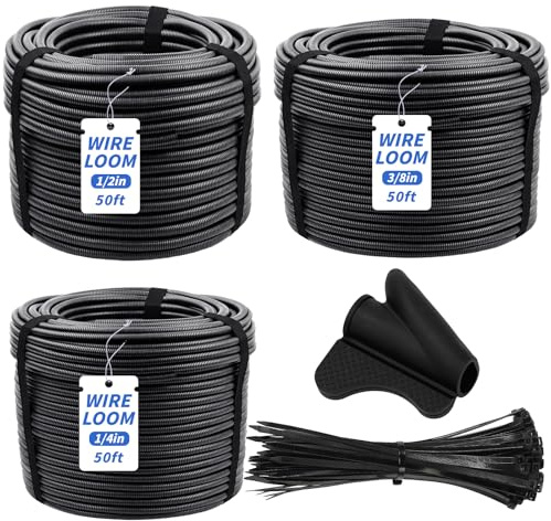 Split Wire Loom Tubing 1/4, 1/2, 3/8 x 50 FT Wire Protector Tubing, Automotive Wire Flexible Conduit Cord Covers with 50 Cable Ties for Automotive Marine RV Agriculture Electrical Cable Protection
