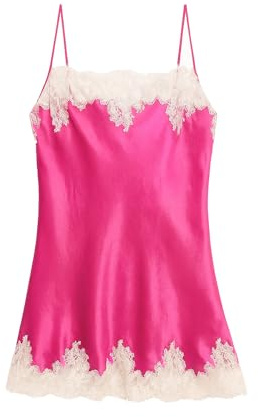 YAMAMAY, Camicia da Notte in Raso con Ricami in Pizzo, Chantilly, Fucsia, Donna