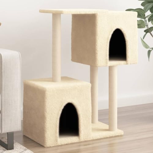 Tiragraffi con colonna in sisal crema, 86 cm, torre di gatto con 2 case e piattaforme, morbido peluche per gatti, istinti di graffio, arrampicata, relax