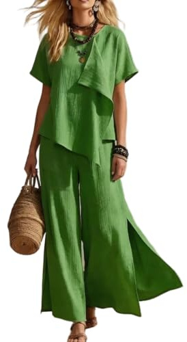 WTTAK Dam pendlare tvådelad outfit oregelbunden skarv kortärmad topp med delade breda ben, enfärgad polyester arbetskläder set för kontor och daglig sommar