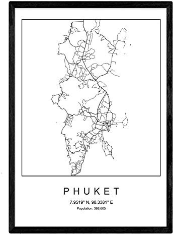 Nacnic Mappa della città Mappa Phuket stile Nordic in bianco e nero. Manifesto A3 Dimensione incorniciata con cornice nera carta stampata 250 gr. Immagini, fogli e poster per salone e camera da letto