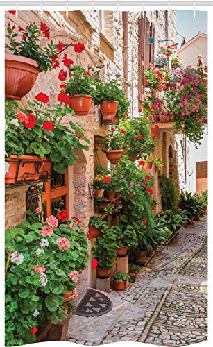 ABAKUHAUS Bunt Schmaler Duschvorhang, Kleine mittelalterliche Stadt, Badezimmer Deko Set aus Stoff mit Haken, 120 x 180 cm, Pfirsich Grün