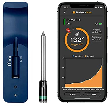 The MeatStick Mini Thermometer mit App I kabelloses Fleischthermometer mit 10m Reichweite I präzises Temperaturmessgerät bis 85°C I Grillthermometer mit 66mm Temperaturfühler inkl. Ladegerät