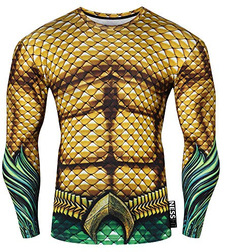 Nessfit - Maglia intima tecnica a compressione da uomo, a maniche lunghe, per palestra, corsa, allenamento, motivo supereroe, termica, M