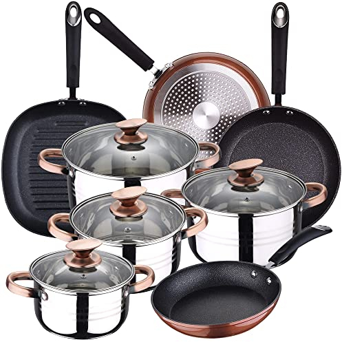 San Ignacio Bateria de cocina 8 piezas Premium Nona, acero inoxidable, con juego sartenes (20/24/28 cm) y grill 28 cm Moma en aluminio forjado, Rosa