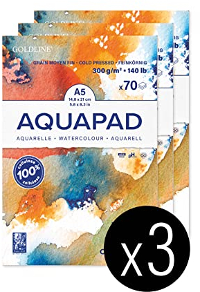 Clairefontaine 975720C - Packung mit 3 Aquarellblöcken Goldline Aquapad A5 geleimt, 70 Blatt weiß 300g, mittlere Körnung, 1 Pack
