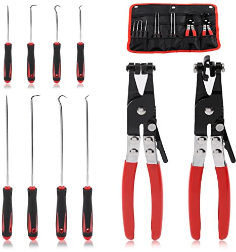 Swpeet 10Pcs Hose Removal Hook Set with Hose Clamp Plier Set, Flat Band and Cross Slotted Hose Clamp Plier Installation and Automotive Hose Removal Tools for Low Radiator and Water Tank Hose