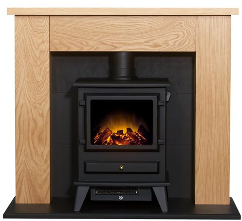 Adam Chester Stove Fireplace in Oak& Black with Hudson Electric Stove in Black, 39 Inch