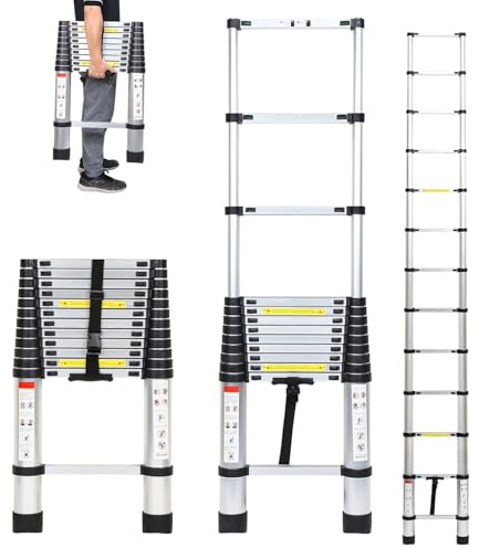 Cecaylie Teleskopstege i aluminium med avtagbar hake, 3,8 meter utdragbar stege, halkfri aluminiumstege, stående stege, multifunktionsstege, utdragbar aluminiumstege, utdragbar stege med 150 kg lastkapacitet