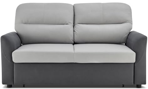 Bravich Rhona Pull Out Two Seater Sofa Bed Double - Faux Suede Grey Fabric. Modern Space Saving Folding Bed, 2 Seater Sofa to Full Size Double Bed. Fold Out Couch Bed With Storage Pocket.