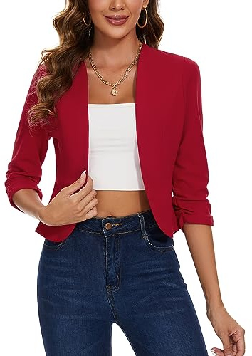 MINTLIMIT Crop Blazer for Women 3/4 Ruched Sleeve Jacket Blazers Casual Suit Open Front (Red S)