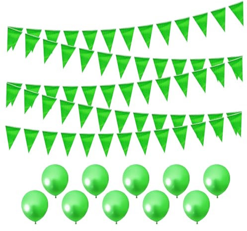 Bandierine verdi da 80 m e 10 palloncini verdi da 10 pollici, striscione triangolare, decorazione per feste verde, riutilizzabile su entrambi i lati, decorazione per feste