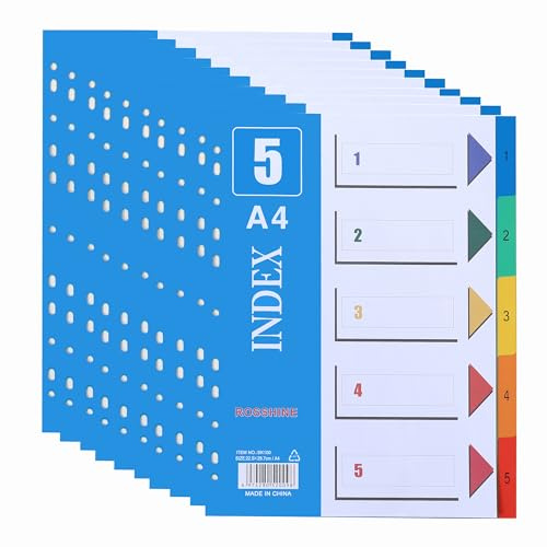 1-5 Part File Dividers A4, 15 Pack Plastic Folder Dividers for Ring Binder | with Multi-Punched11-Holes Index & Content List, Multi-Colour Index Dividers for Lever Arch Files