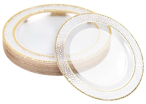 MATANA 20 Assiettes à Dessert en Plastique Transparent avec Bordure Dorée (19cm) - Petites Assiettes Solides, Rigides et Réutilisables pour Mariages, Anniversaires, Noël & Fêtes