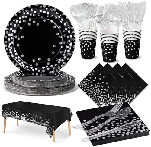 Nkaiso Paper Plates Napkins Cups Set, 141 Pieces Black and Silver Kids Birthday Party Tableware Party Supplies Set Includes Paper Plates Napkins Reusable Cutlery -20 Guests