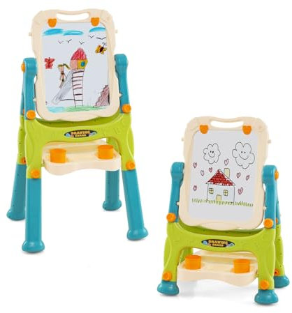 DREAMADE Höhenverstellbare Kindertafel, 2 in 1 Staffelei Standtafel mit Whiteboard & Kreidetafel, Magnetische 360°Spieltafel, Abnehmbares Zeichenbrett mit Griff, für Kinder ab 3 Jahre (Grün+Blau)