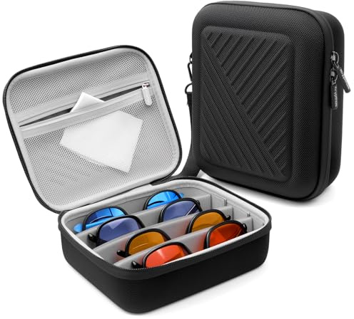 Krypthos Travel Sunglasses Organizer Case, Portable Eyeglasses Storage Box, Adjustable Multi-Compartments & Crushproof Design, Holds Up to 4 Pairs, Eyewear Display Case for Men Women