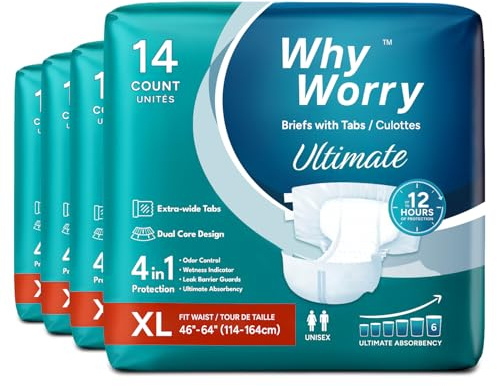 WhyWorry Ultimate Adult Nappies for Men and Women, XLarge, 56 Count | Disposable Adult Diapers with Ultimate Absorbency, Incontinence Slips, Overnight Protection, Odor Control, Unisex