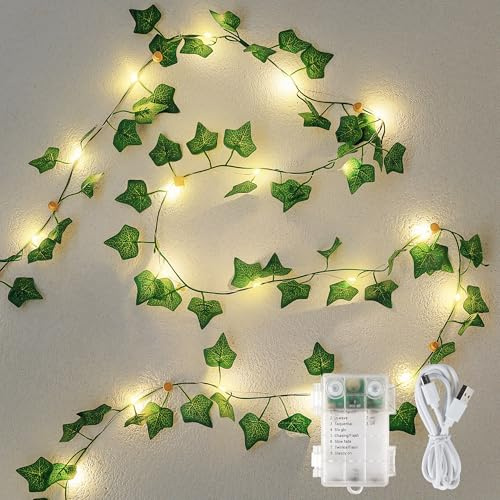Pellimo Ivy Vine String Lights, 23FT 73 LED Lighted Garland with Green Leaves, USB & Battery Powered, Room Wall, Dorm, Bedroom, Patio Decor, Warm White