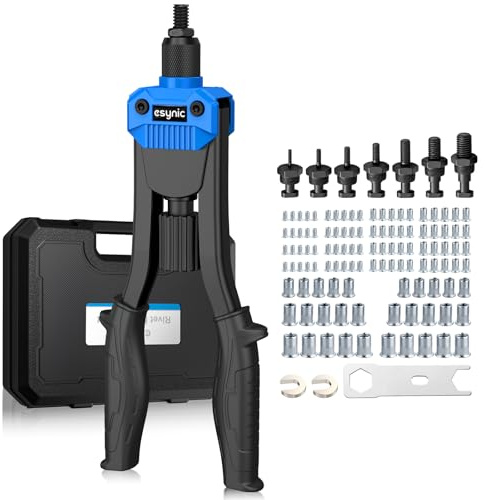 eSynic Kit 13'' Rivettatrice Manuale per Impieghi Gravosi con Manico Ergonomico, 7 Mandrini e 110 Dadi M3 M4 M5 M6 M8 M10 M12 Inclusi, Pistola a Rivetti con Valigetta per Riparazione Auto Mobili