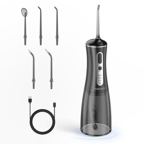 FRESKO Hydropulseur Dentaire, 300ML Irrigateur Buccal avec 4 Modes 45-105PSI, Batterie 2600mAh, Etanche IPX7, 5 Buses pour Appareils Dentaires Et Implants, Nettoyeur Dentaire Portable，Gris