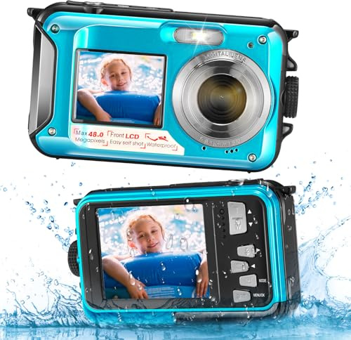 Jradse Fotocamera Digitale Impermeabile, Action Camera Subacquea HD 2.7K 48MP con Doppio Schermo per Snorkeling 3M per Nuotare, Zoom Digitale 16X Anti-Shake, Blu