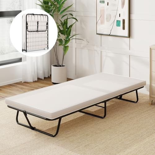 COSTWAY 190 x 80 cm gästsäng med madrass, vikbar enkelsäng, stabil metallsäng upp till 170 kg, hopfällbar säng med minnesskum och metallram, vikbar säng för camping och gästrum, bärbar säng, beige