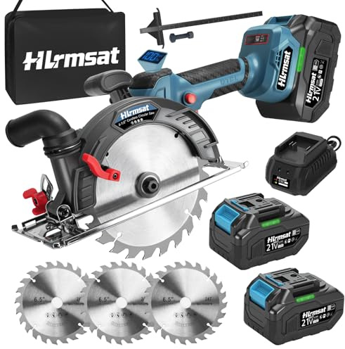 Hlrmsat 6-1/2 Cordless Circular Saw,21V Brushless Hand Circle Saw with 2 x 6.0Ah Battery & 3 Blade,5500 RPM Sierra Circular electrica 0-45° Cutting Bevel,Max Cutting Depth 2-1/4(90°),1-7/16 (45°)