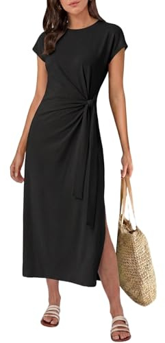 GRECERELLE Vestido midi de verano para mujer con lazo en la cintura, casual, manga corta, acampanado, vestidos fluidos para mujer, Reino Unido