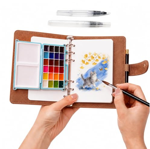 Portable Travel Watercolour Paint Set, 24 Colours Pocket Paint Box, 7*5.1in | 40 Sheets 300GSM Cotton Paper & 3 Brushes, PU Leather Watercolour Sketchbook for Artists, Outdoor Painting & Beginners