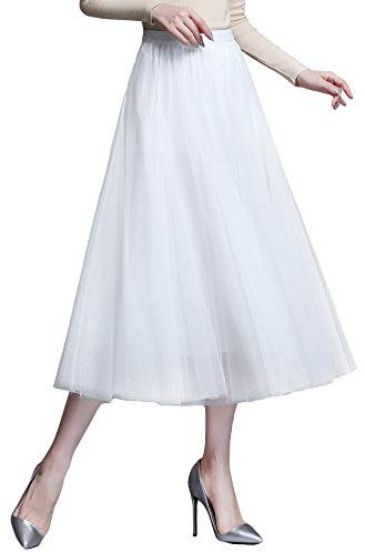 ANIMQUE Donna Tulle Midi Gonna Plissettata Elastico Alta Vita Elegante per Matrimoni Festa Lunghezza 78cm, Bianco
