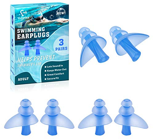 Schwimmen Ohrstöpsel, Eargrace 3 Paar Wasserdichte Wiederverwendbare Silikon Ohrstöpsel zum Schwimmen Duschen Baden Surfen und Andere Wassersportarten(Blau)