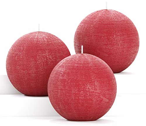 CANDWAX Set of 3 inch Round Ball Candles Set of 3 - Perfect as Christmas Decoration and as Spheres for Home Decor - Unscented Smokeless Dripless Long Burning Dark Red Candles