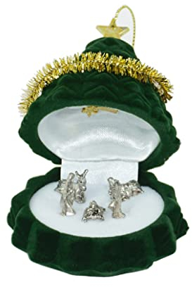 Mini crèche en forme de Sapin de Noël velouté et crèche en métal argenté. Miniature originale de collection Sainte Famille, crèche du Bœuf et de l'Âne. Idée cadeau décoration de Noël. 7 x 6 cm