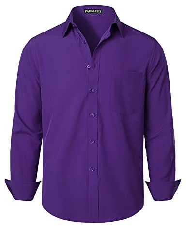 PARKLEES Men's Regular Fit Dress Shirt Solid Wrinkle-Free Long Sleeve Casual Business Button Up Shirts with Pocket PZSSCL05-Purple L