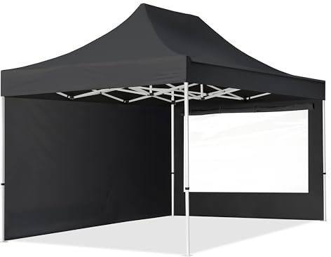 3 x 4,5 m, hopfällbar paviljong paviljong festtält, gazebo stål 30 mm, 2 sidodelar, panoramafönster, svart