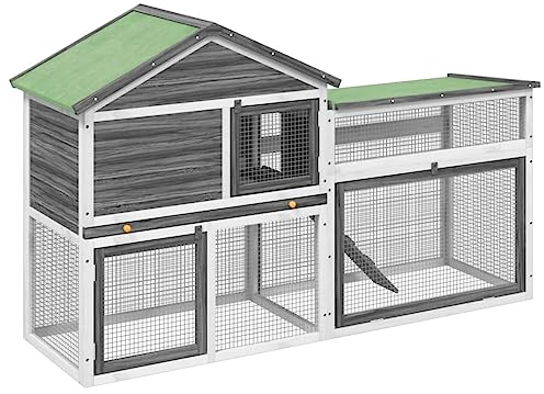 vidaXL Kaninchenstall, Hasenstall mit Nistkasten Freilaufgehege, Kaninchenkäfig für Außenbereich, Kleintierstall Kleintierhaus, Grau Massivholz Kiefer