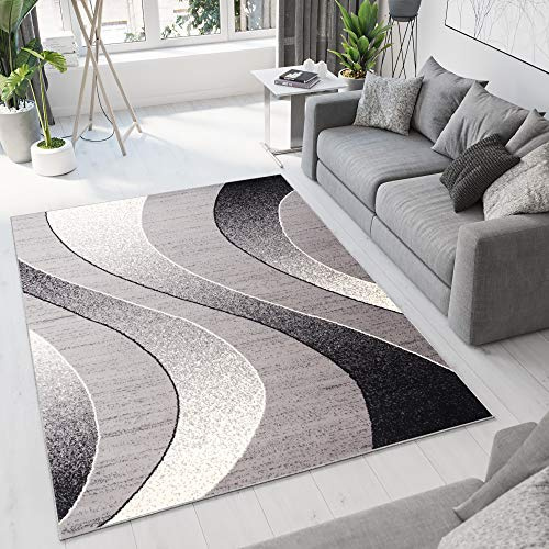 TAPISO Dream Tappeto Camera Soggiorno Salotto Moderno Grigio Nero Astratto Onde A Pelo Corto 160 x 230 cm