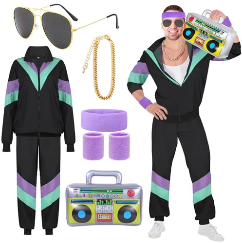 90er 80er Jahre Outfit Herren Damen Mottoparty Kostüm Kostüm 80er Jahre Trainingsanzug Jacke Hose Anzug Accessoire 80er Jahre Kleidung Herren Rocker Vintage Bad Taste Karnevalskostümefür Fasching S