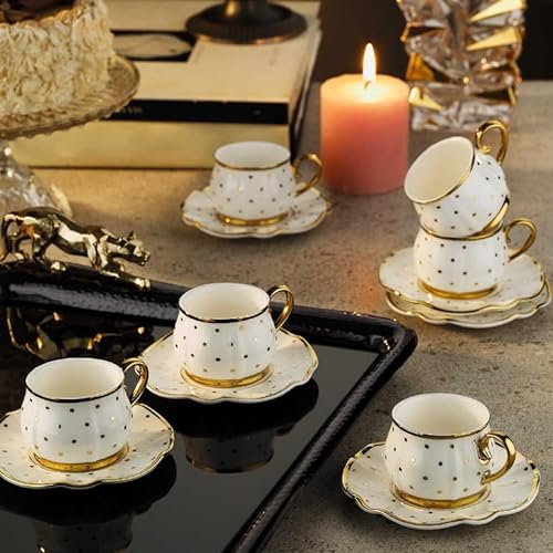 derya home Porslin espressokopp set, arabiska kaffekoppar, turkiska kaffekoppar, set med 6, koppar och fat (85 ml) guldmönstrade koppar – blandade färger